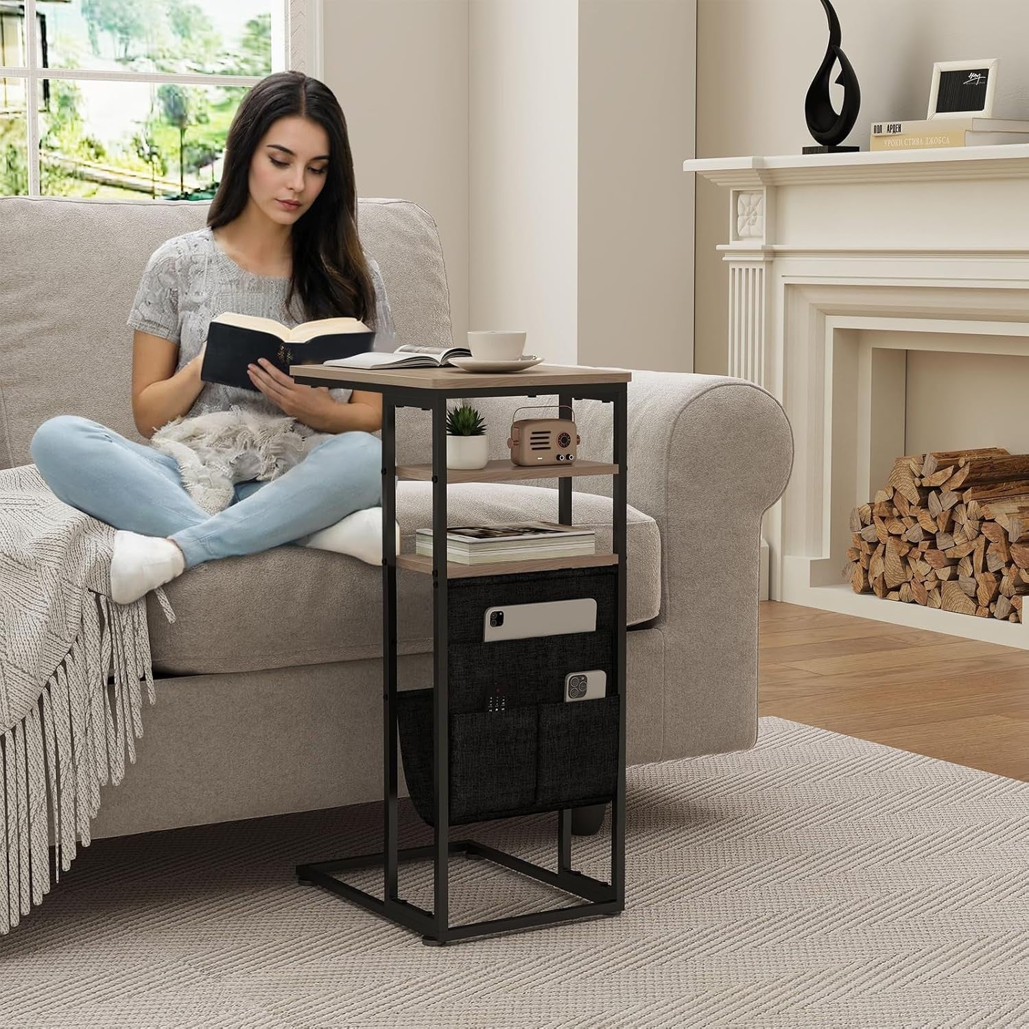 Slim C-Shaped End Table with Storage Bag | Adjustable, Sturdy Metal Frame for Sm