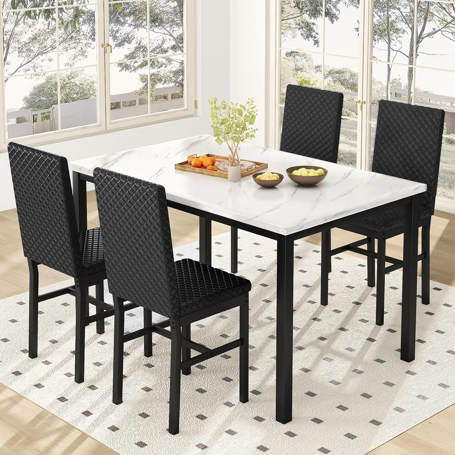 White Faux Marble Dining Table & 4 Black PU Leather Chairs Set for Small Rooms