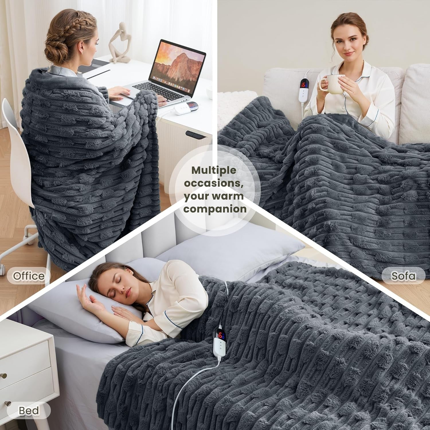Electric Heated Throw Blanket Grey 130x180cm 6 Heat Settings Auto Off