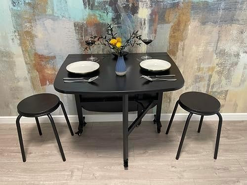 120CM Foldable Drop Leaf Dining Table with 6 Lockable Wheels – Black
