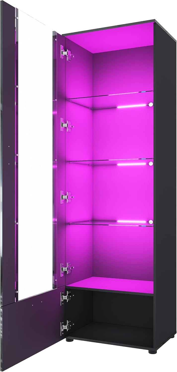 Tall Black Gloss LED Display Cabinet 187cm Modern Showcase Unit with Glass Shelv