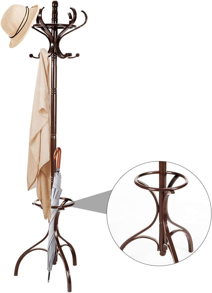 360° Rotating Mahogany Wooden Coat Rack Stand 12 Hooks Freestanding Hanger