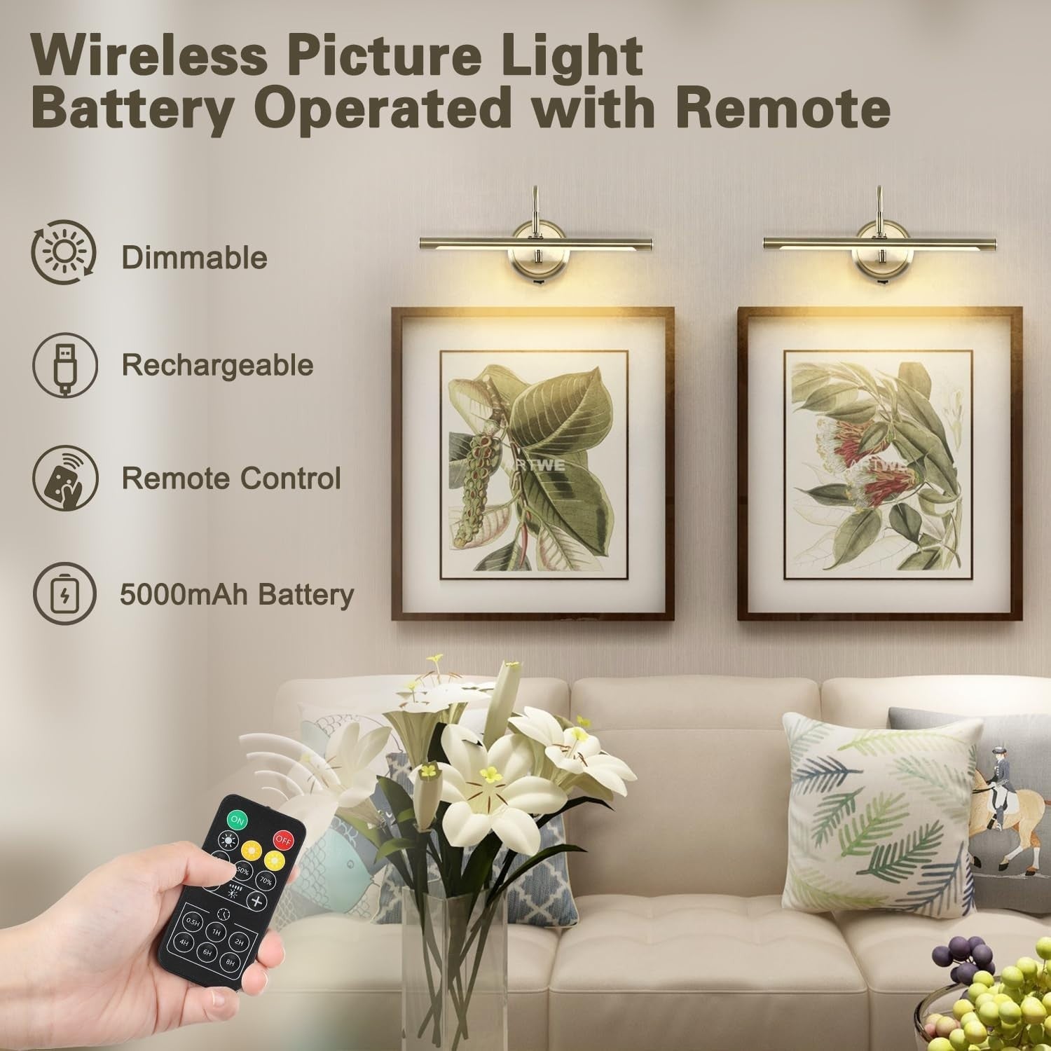 Wireless Antique Brass Wall Light with Adjustable Swing Arm, Dimmable 16.5"