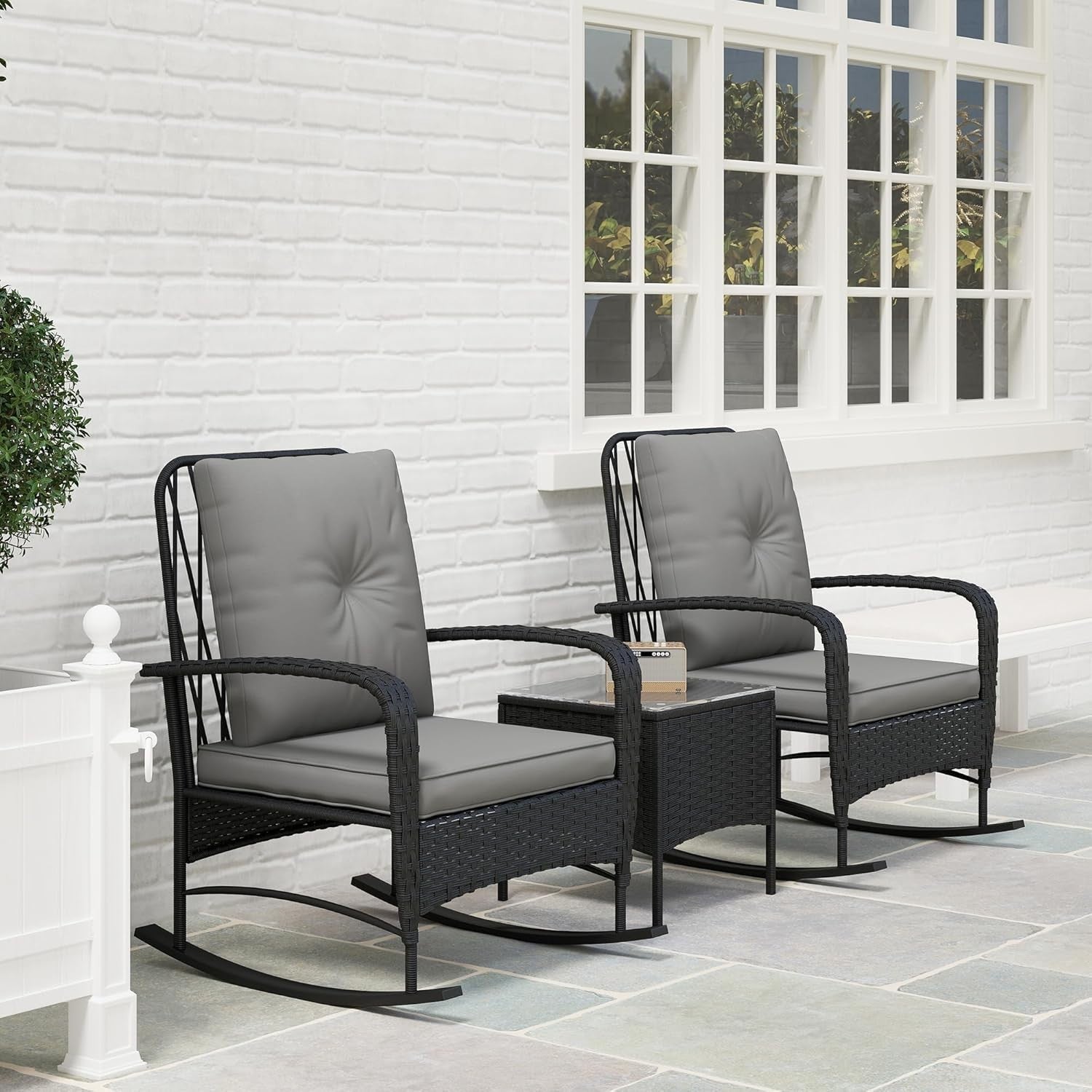 Rocking Rattan Bistro Set 3PC Cushioned Chairs Glass Table Balcony Patio