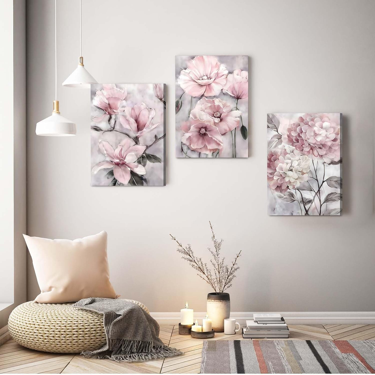 Floral Canvas Wall Art Set of 3 Framed Prints 12x16 Modern Bedroom Decor
