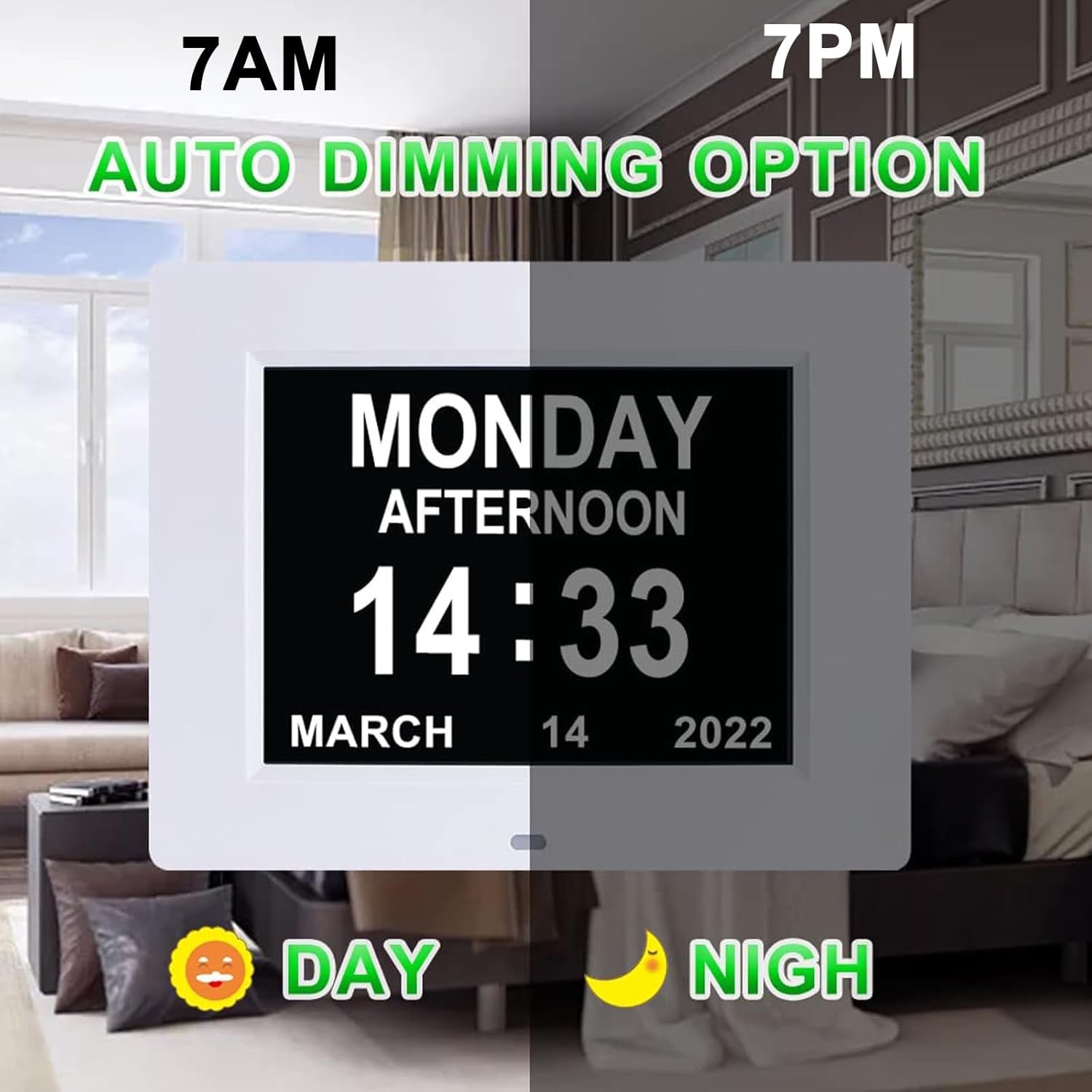 8 Inch Large Digital Dementia Clock Day Date Time Alarms Medication Reminder
