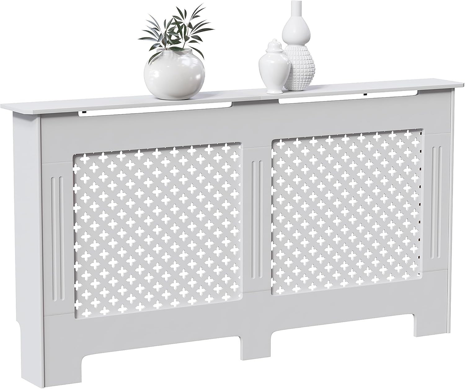 Large White Radiator Cover | Traditional Cross Pattern MDF Cabinet