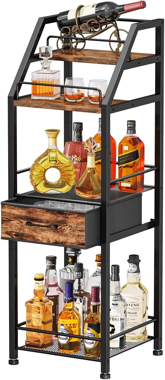 4-Tier Wine Bar Cabinet with Drawer & Glass Holder, Freestanding Liquor Shelf