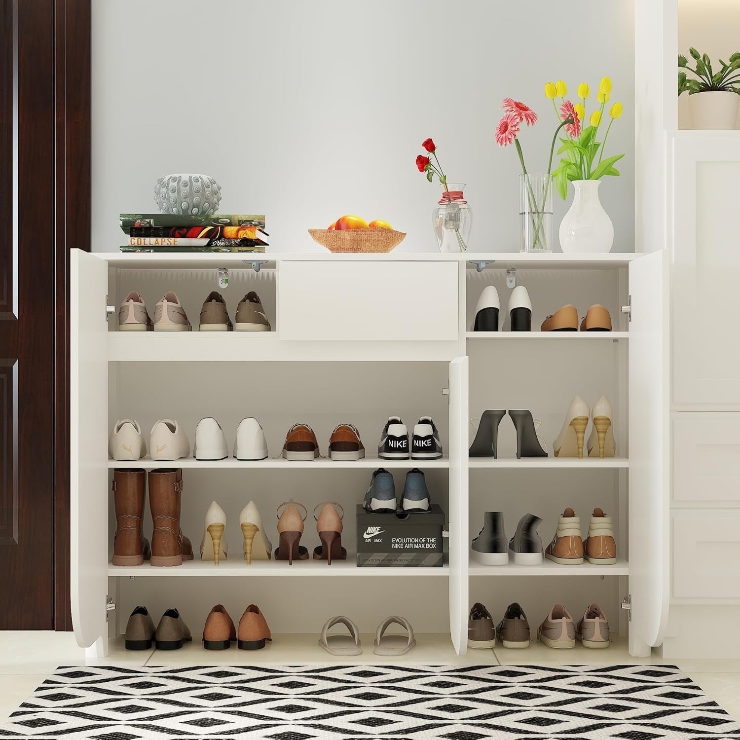 White Shoe Cabinet with 3 Curved Doors & Drawer – 4 Tier Adjustable Storage 120c