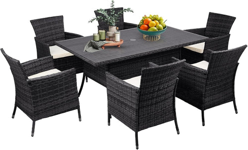 7pc Rattan Garden Dining Set w/ Cushions & 120cm Rectangular Table