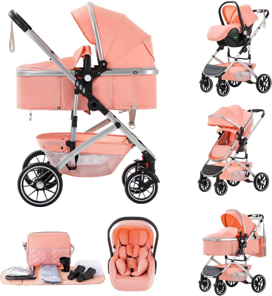 3-in-1 Baby Stroller Travel System Pram Car Seat Foldable Pink