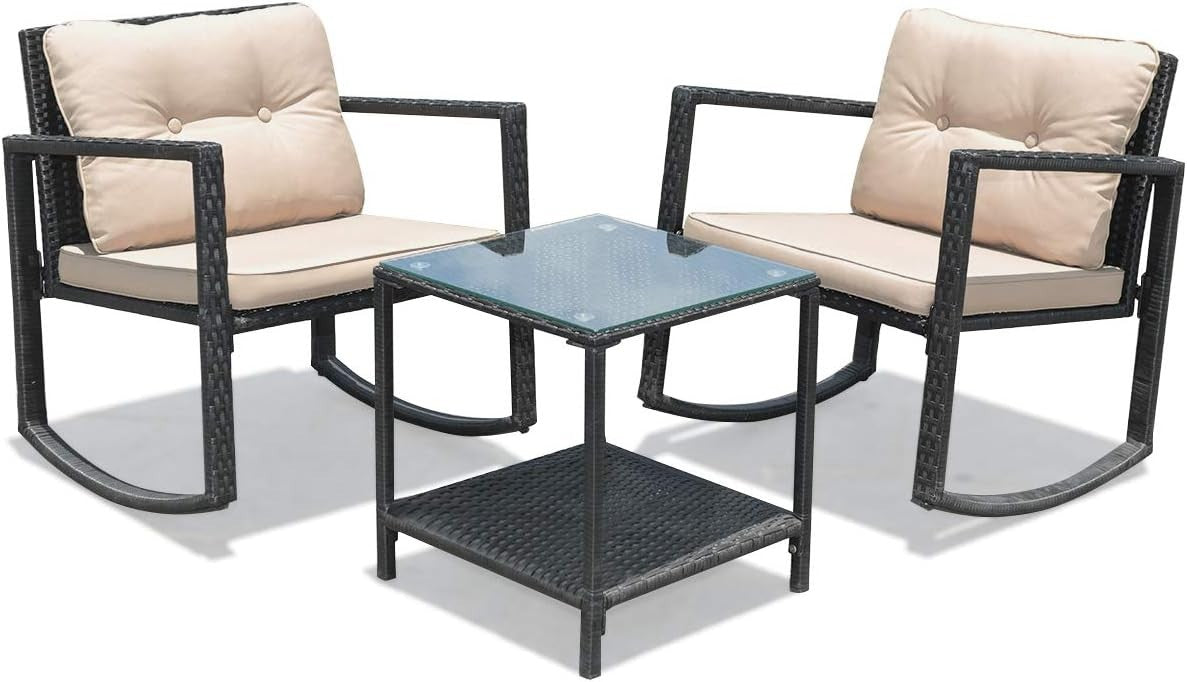 Rocking Rattan Patio Chair Set with Two Tier Glass Table Garden Balcony