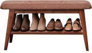 Wooden Entryway Shoe Bench with Cushion & 2-Tier Storage Rack 90cm Brown