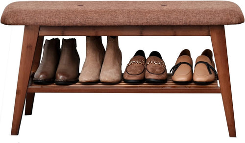 Wooden Entryway Shoe Bench with Cushion & 2-Tier Storage Rack 90cm Brown