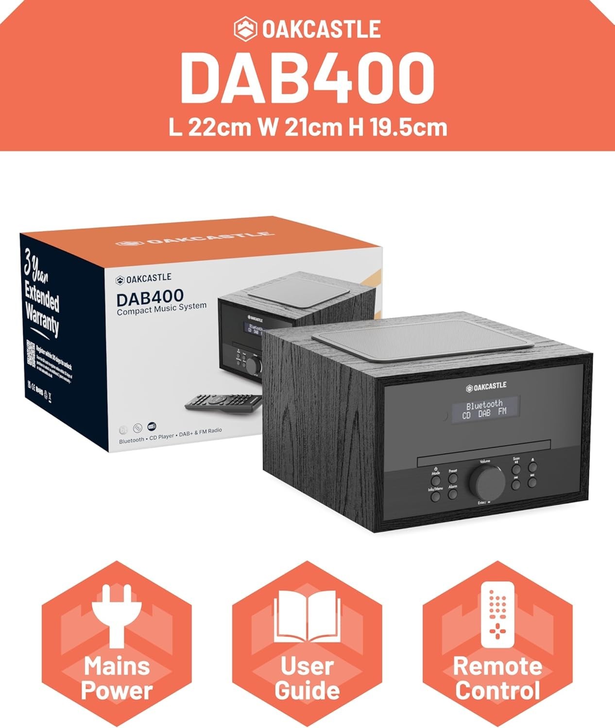 Bluetooth DAB+ CD Player Stereo System 40W | USB AUX FM | Dual Alarm Remote