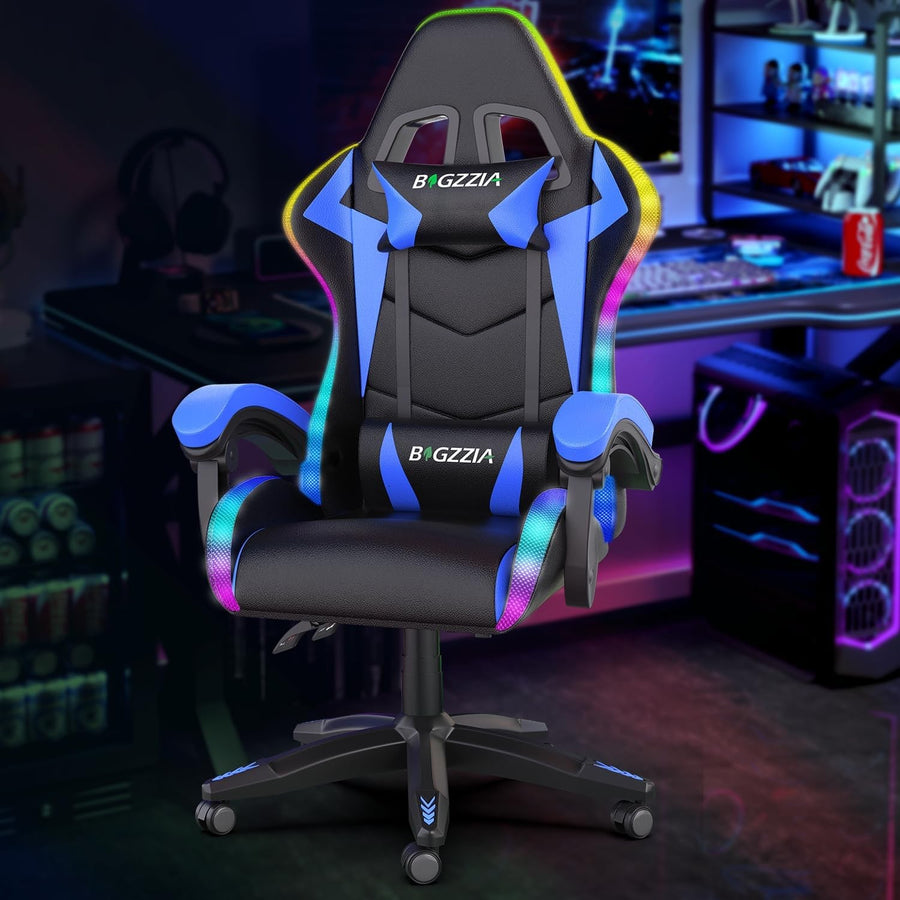 LED Gaming Chair with Footrest & Lumbar Support – Blue High-Back PC Seat