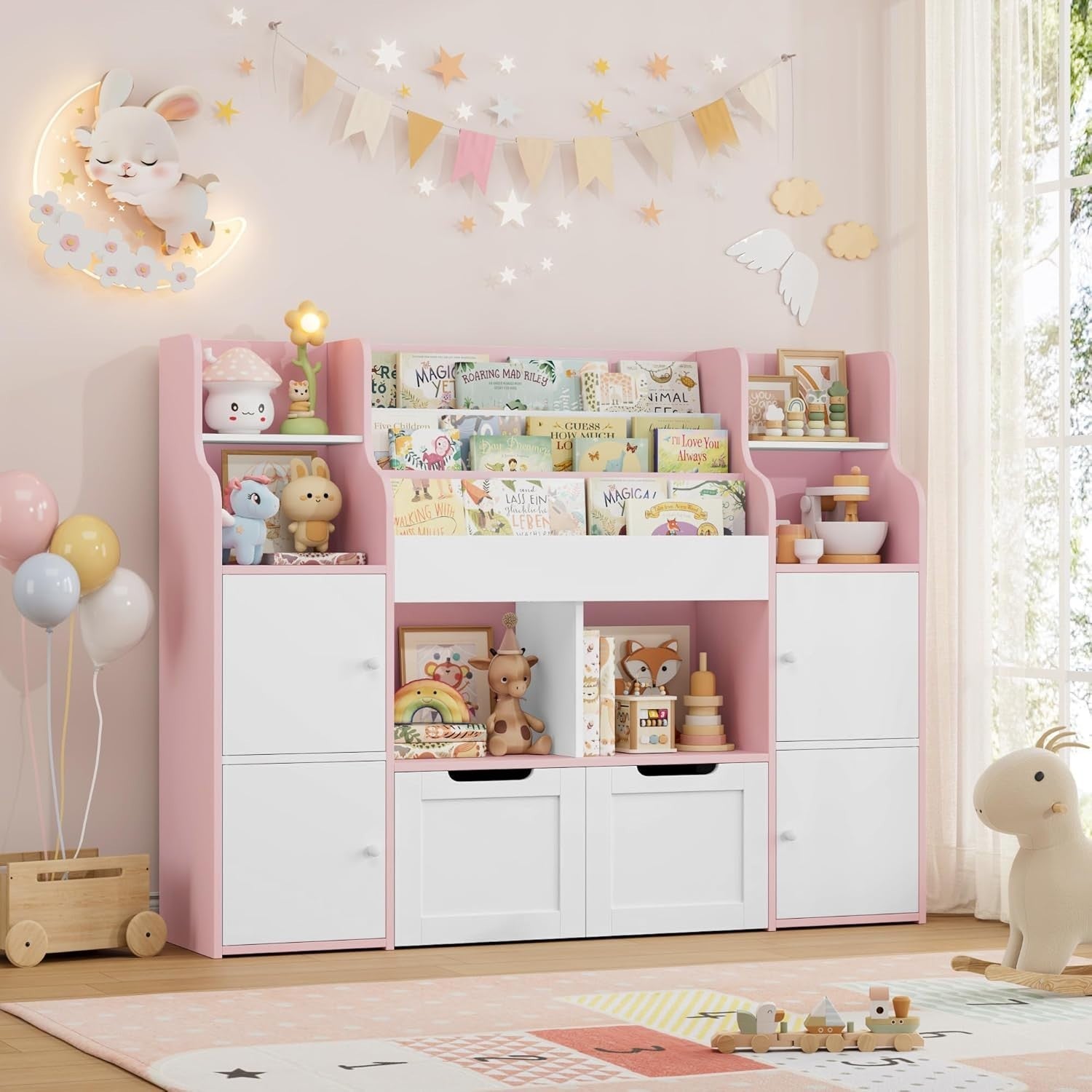 Kids Toy Storage Unit Bookcase with Doors Drawers & Shelves – White Pink