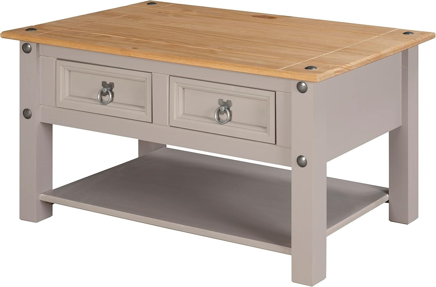 Grey 2-Drawer Coffee Table, Solid Pine Mexican Style 85x50cm