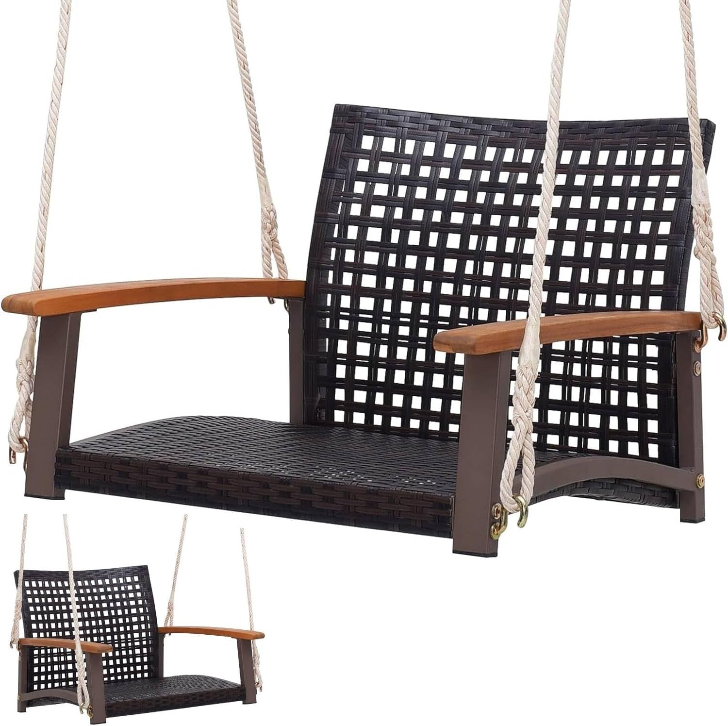 Outdoor Rattan Hanging Swing Chair with Armrests Heavy Duty Patio Seat