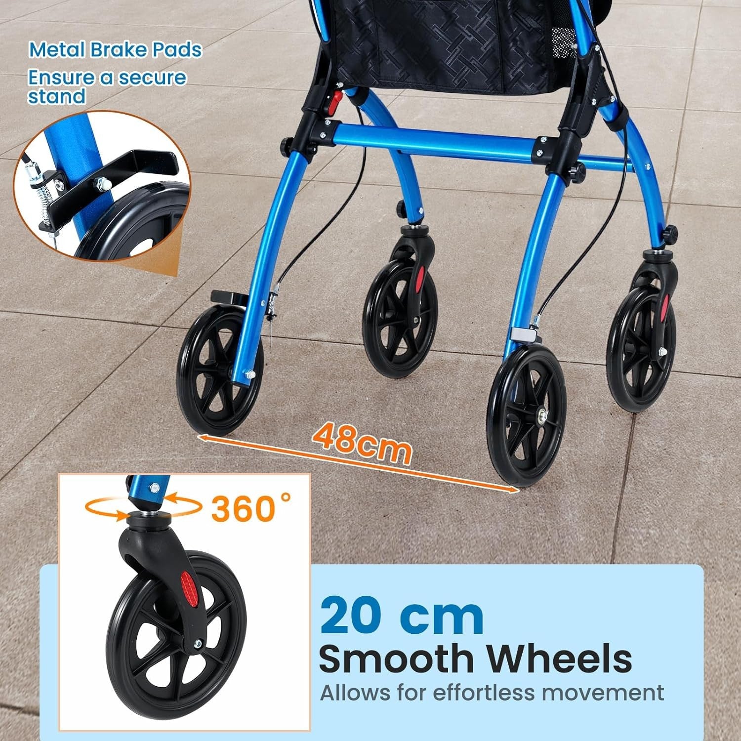 Lightweight Folding Rollator Walker 4 Wheel Basket Brakes Narrow Blue