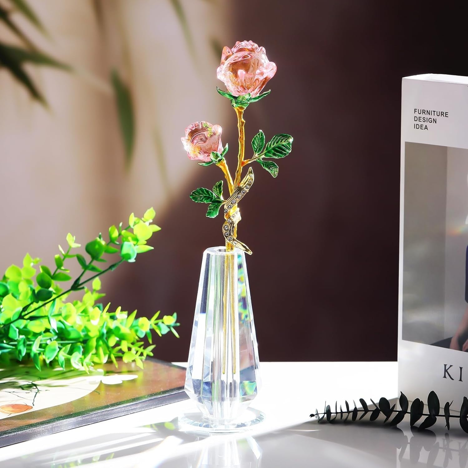 Pink Crystal Rose Figurine with Vase – Luxury Glass Flower Gift Ornament Decor