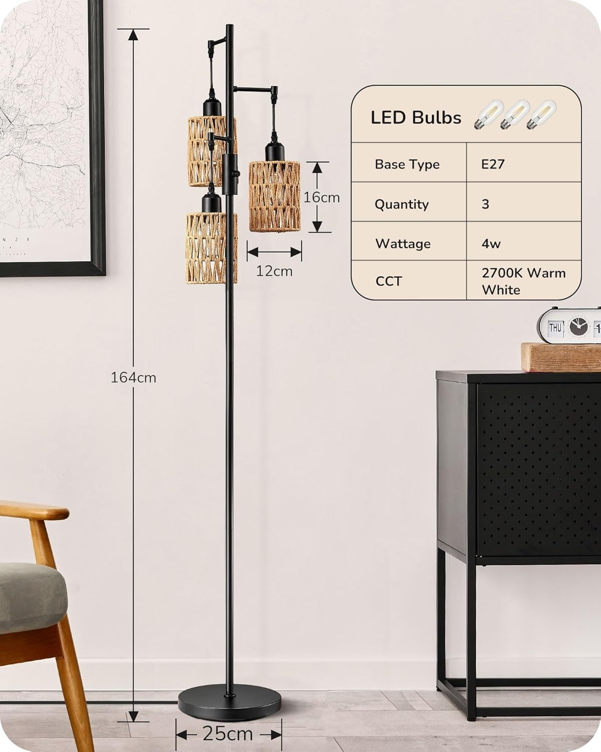 Dimmable Boho Floor Lamp with 3 LED Bulbs & Rope Cage Shades