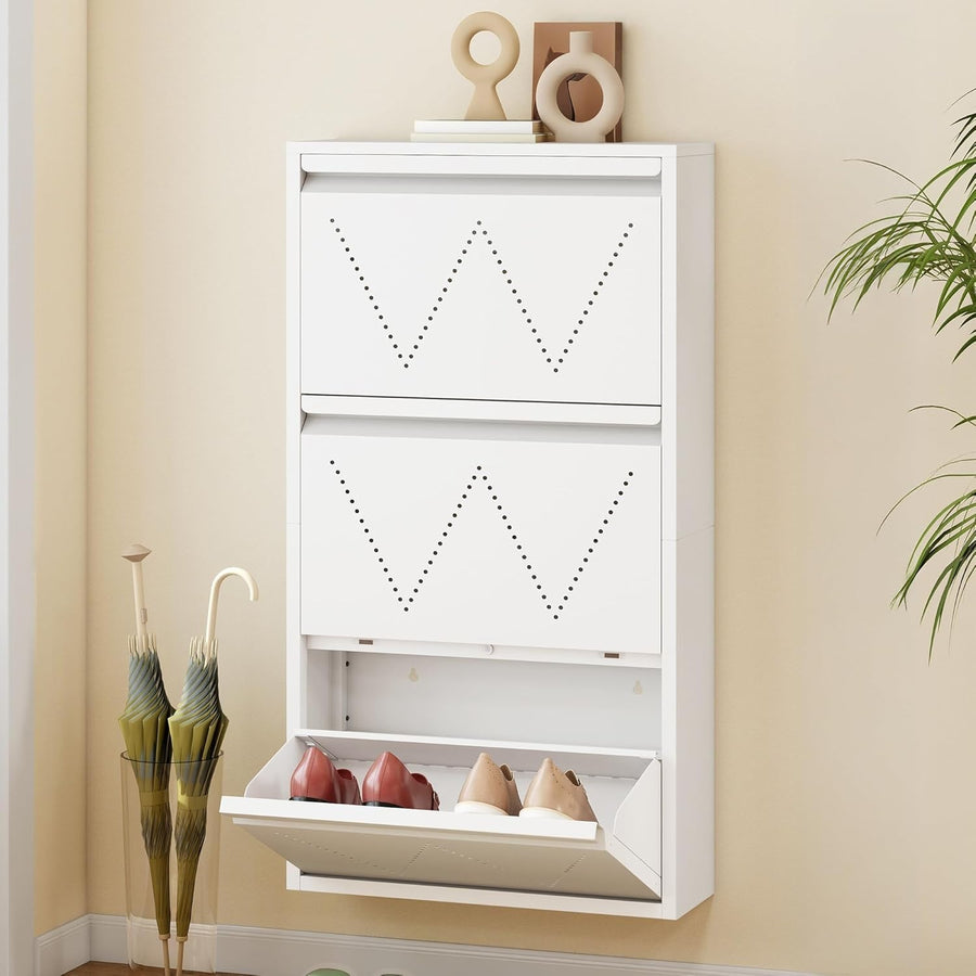 Wall-Mounted Narrow Shoe Cabinet with 3 Flip Drawers, 50x15.2x105 cm White