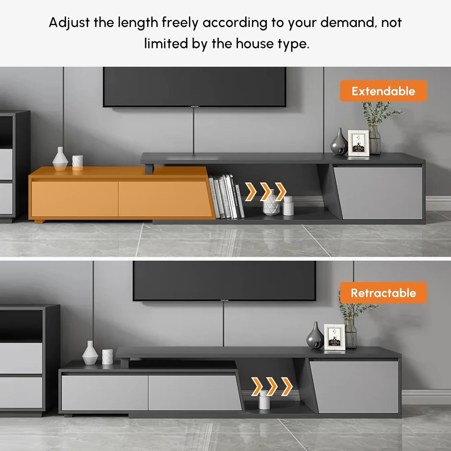 Extendable TV Console Gray with 3 Drawers Modern Entertainment Stand 110"