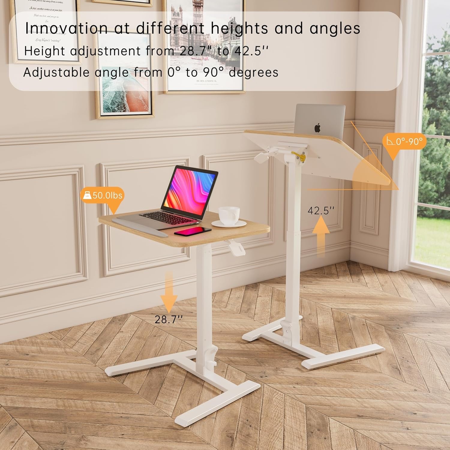 Beige Mobile Folding Desk with Wheels Height Adjustable Sit Stand Table