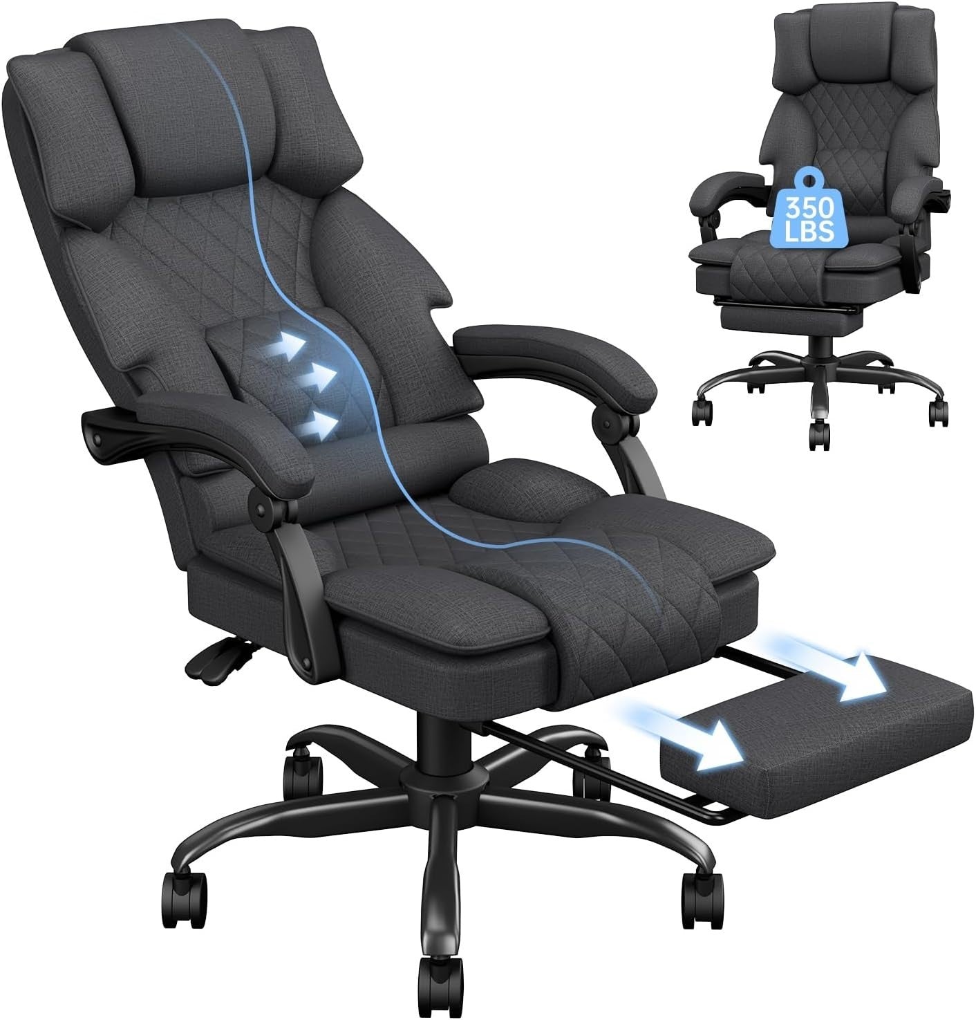 Ergonomic Office Chair Recliner Footrest Fabric Desk Computer Seat 350lb Deep Gr