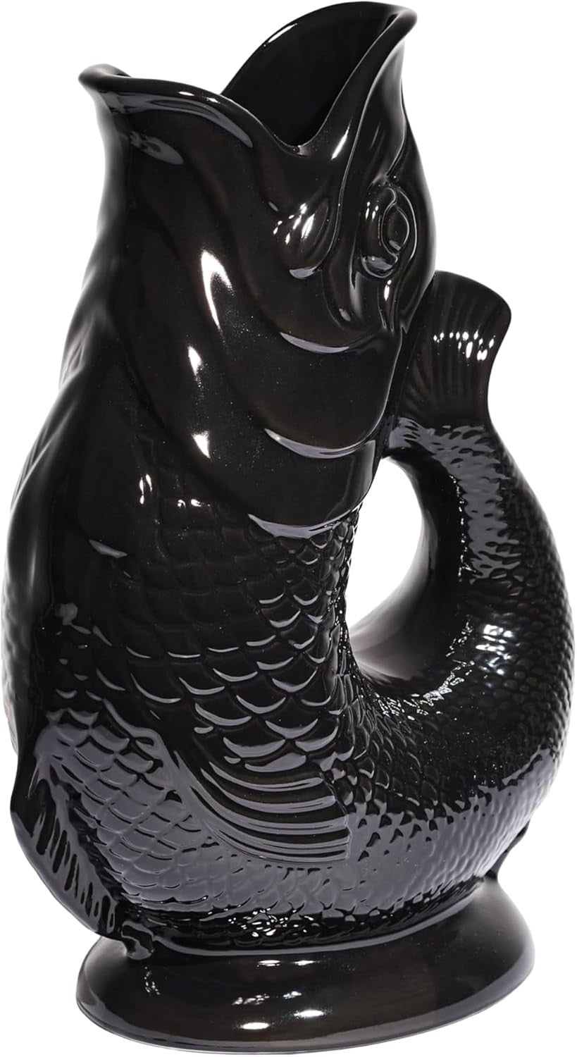 Fish Shaped Glug Jug Black Ceramic Water Pitcher Decorative 0.6L 22cm