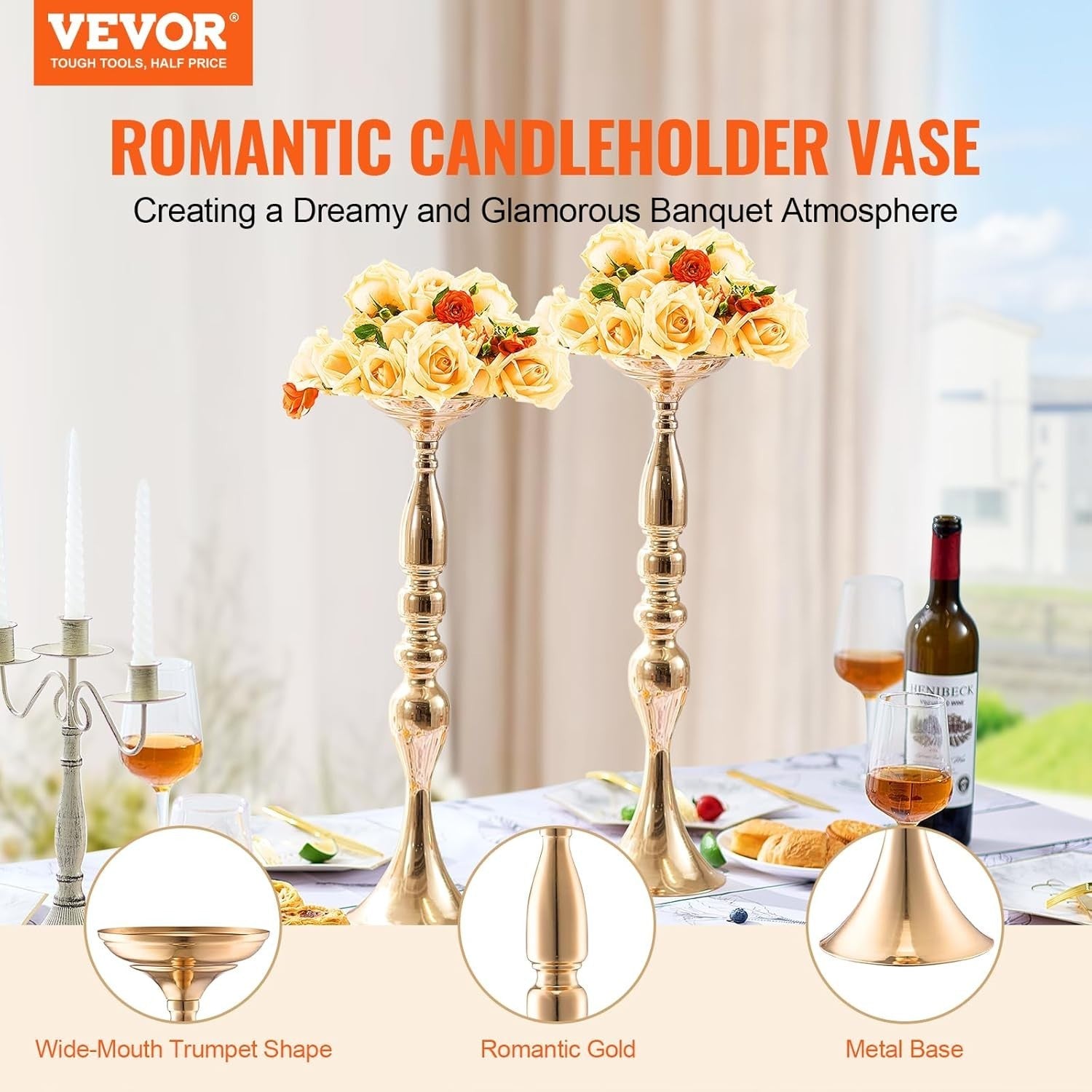 Gold Wedding Flower Stand 50cm Tall Metal Centerpiece Vase Event Decor
