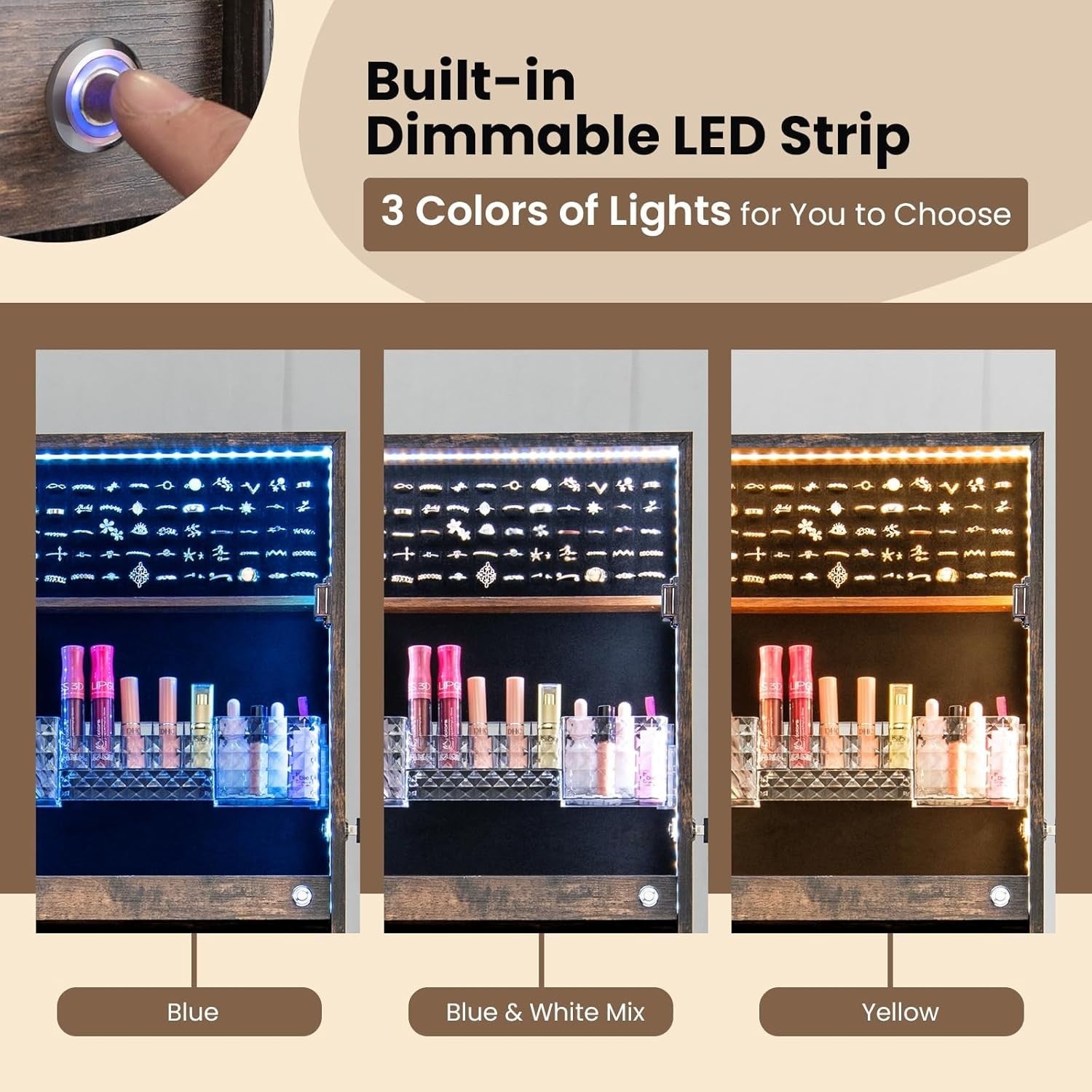 Rustic Brown LED Jewellery Armoire Adjustable Full Length Mirror Lockable