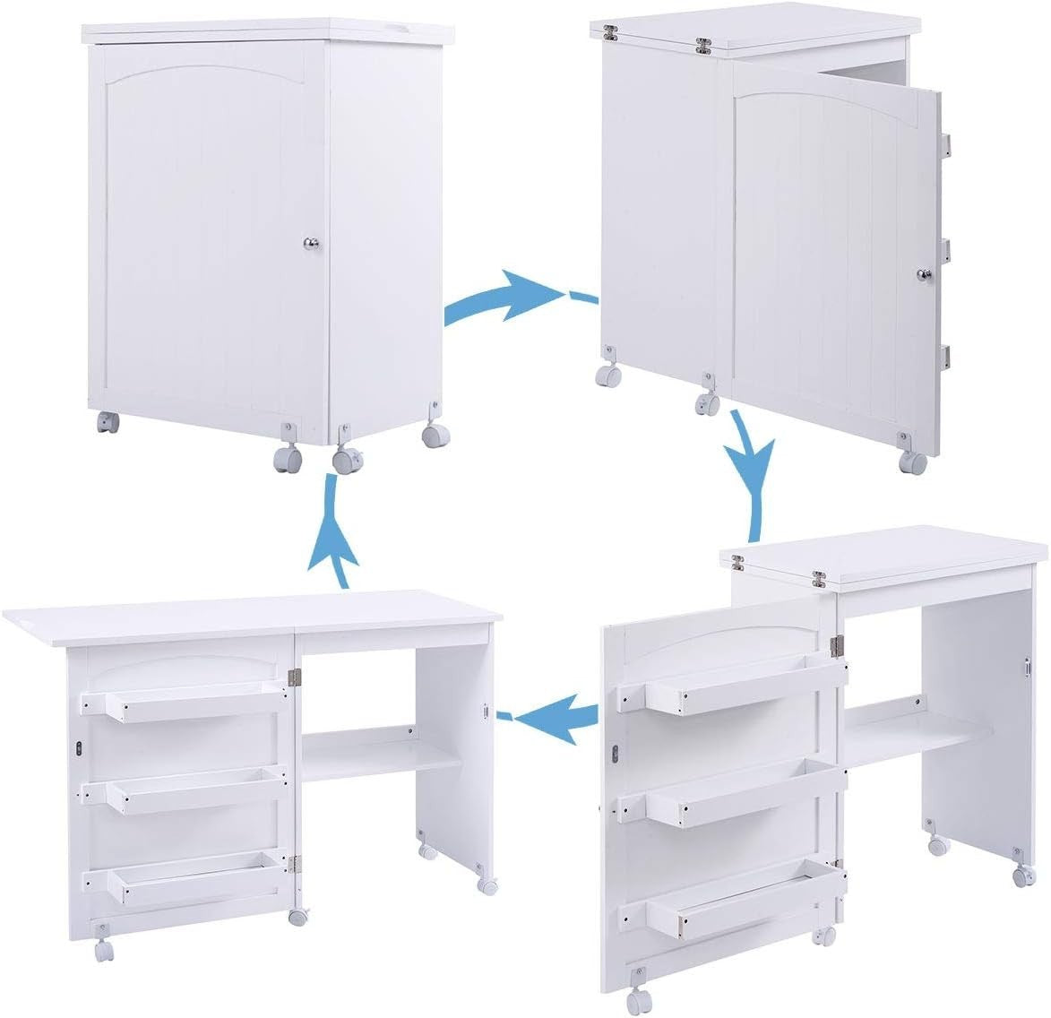 Folding Sewing Table 117cm Mobile Craft Desk with Wheels & Storage White