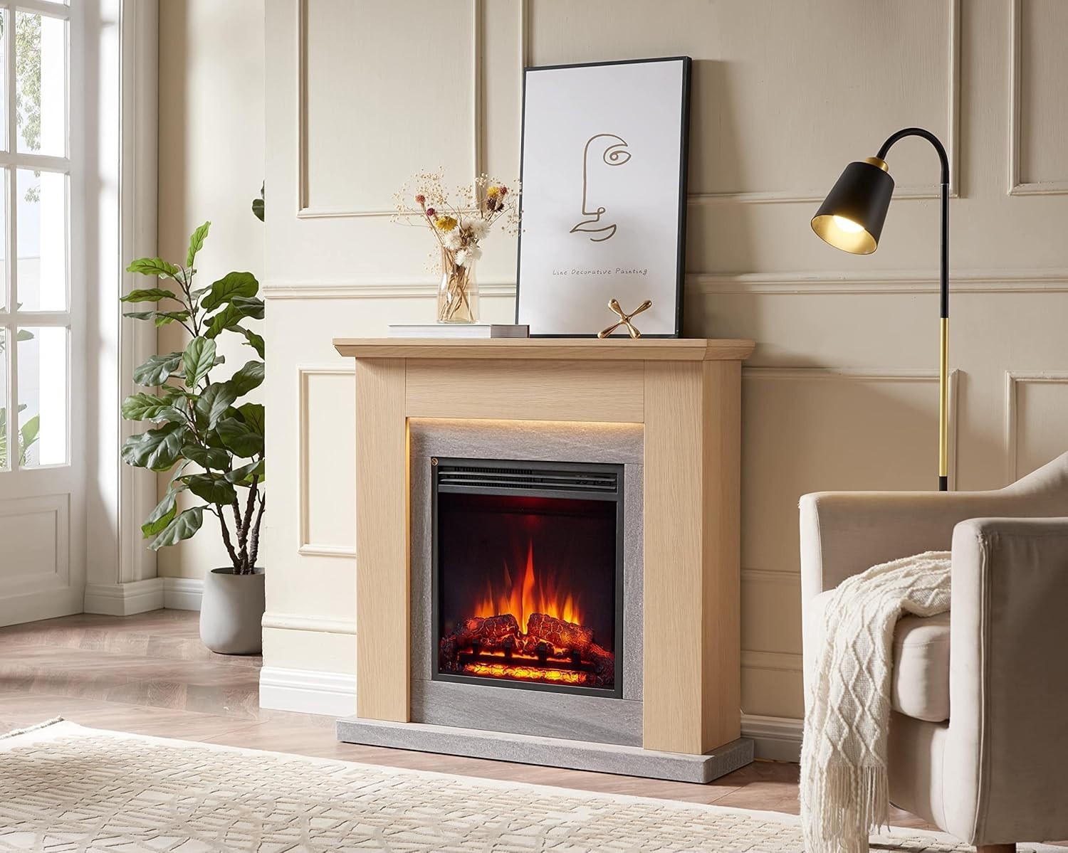 Electric Freestanding Fireplace 2kW Heater LED Flame Effect Natural Oak