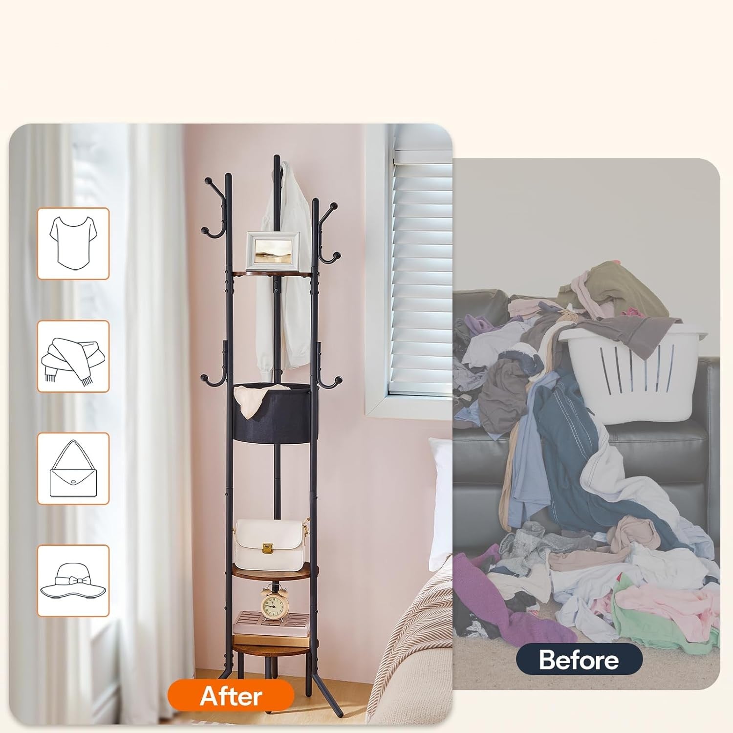 Rustic Brown Black Coat Rack with Shelves | Freestanding Hall Tree Organizer Sta