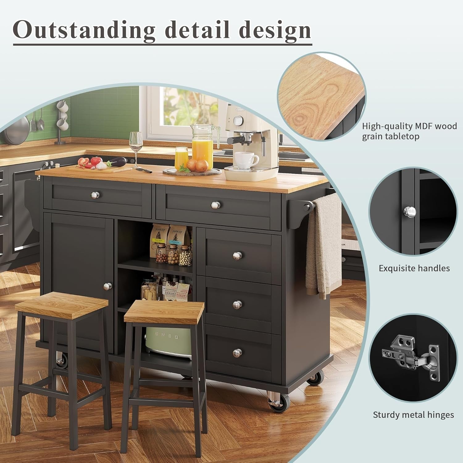 Rolling Kitchen Island Cart with Adjustable Storage & Mobile/Fix Design