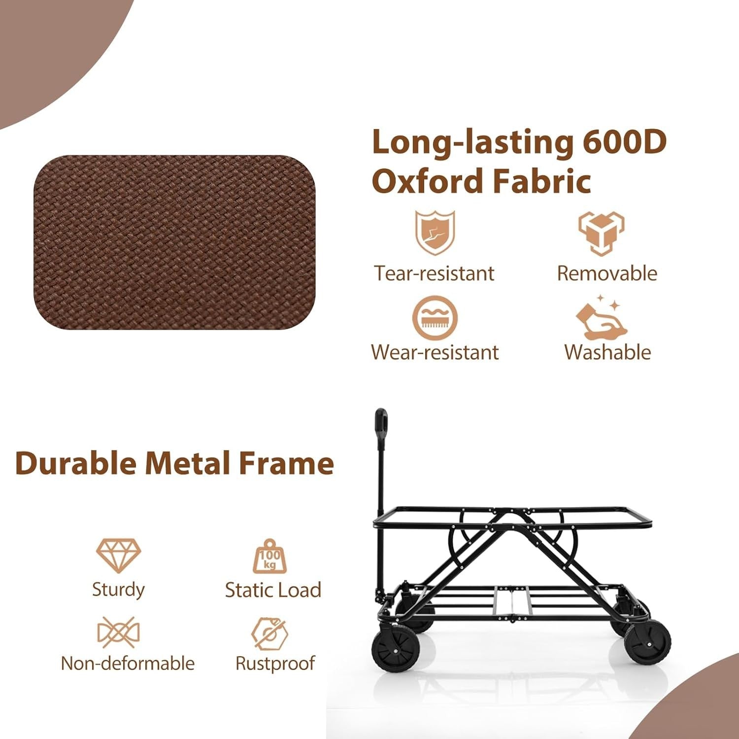 Brown Folding Garden Trolley Cart 170L Collapsible Wagon w/ Adjustable Handle