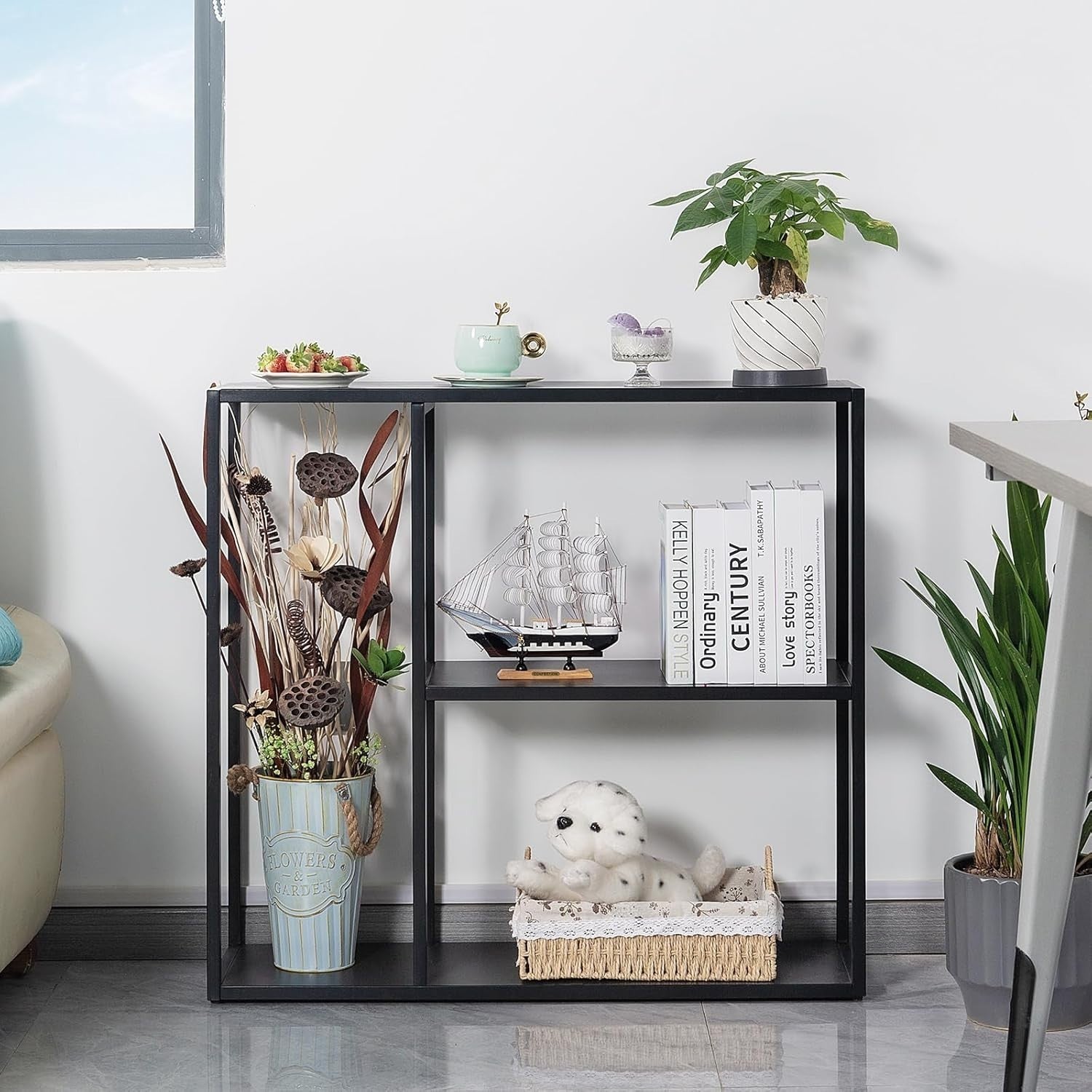 Black 3 Tier Metal Console Table with Shelves - Space-Saving, Durable, Multi-Use