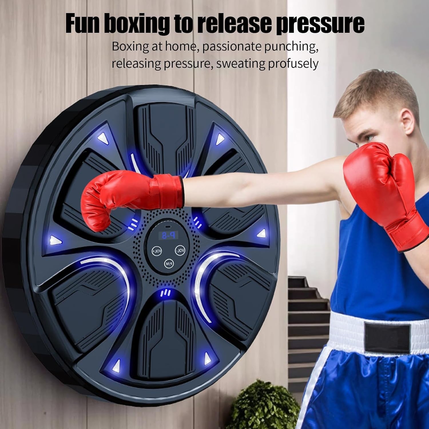 Music Boxing Machine Black Blue LED Wall Punch Trainer with Gloves
