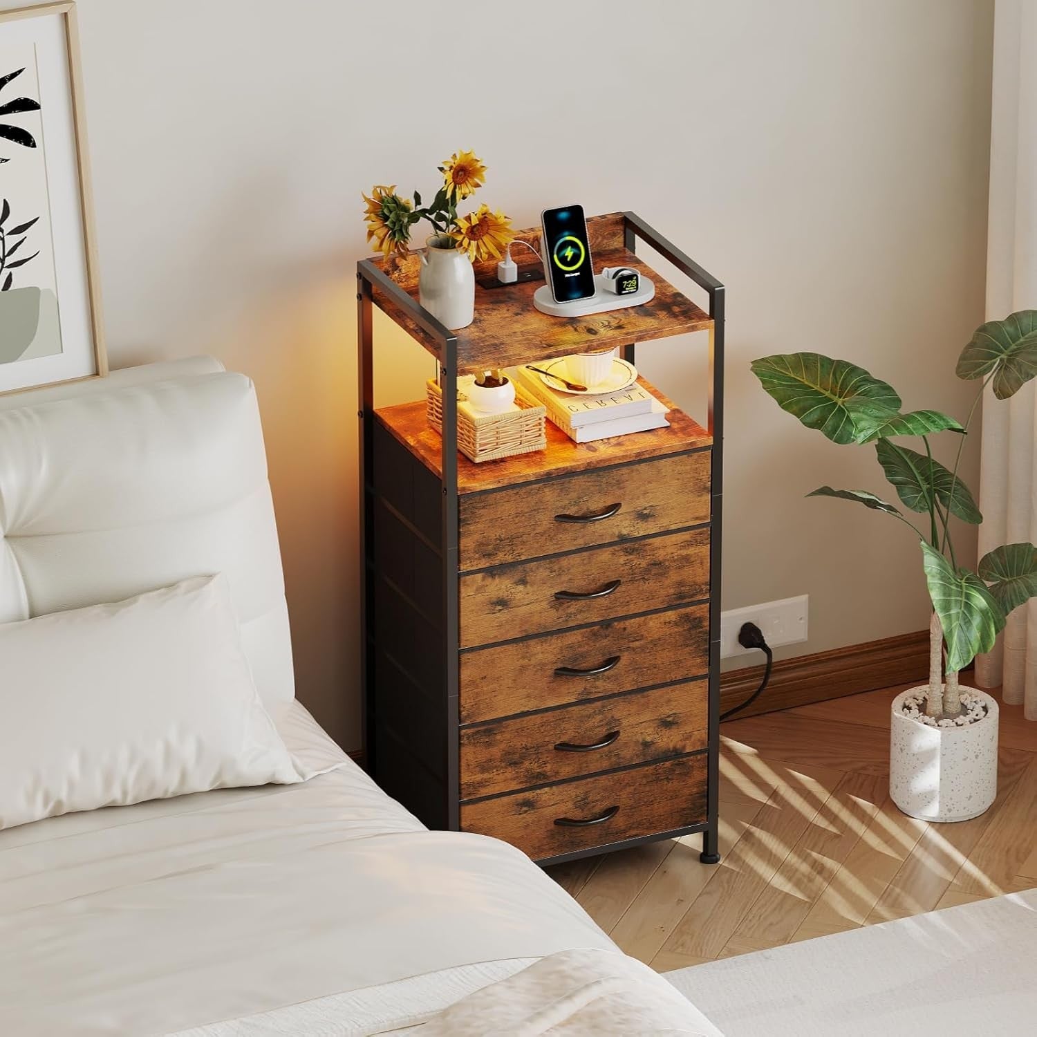 Tall Rustic Brown LED Bedside Table with Charging Ports 5-Drawer Storage Unit
