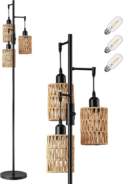 Dimmable Boho Floor Lamp with 3 LED Bulbs & Rope Cage Shades