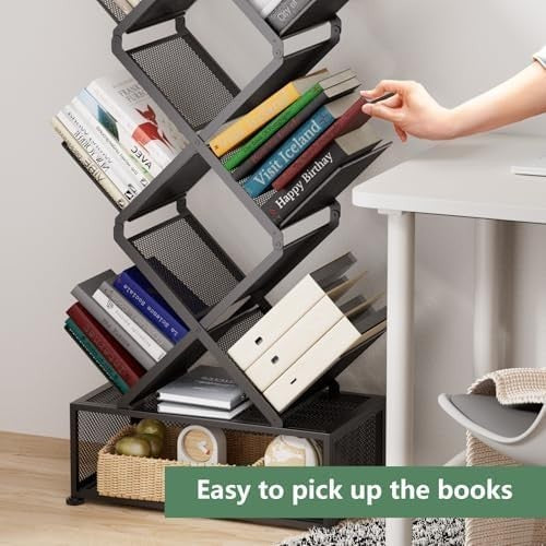9 Tier Folding Tree Bookshelf Metal Storage Rack No Installation Black