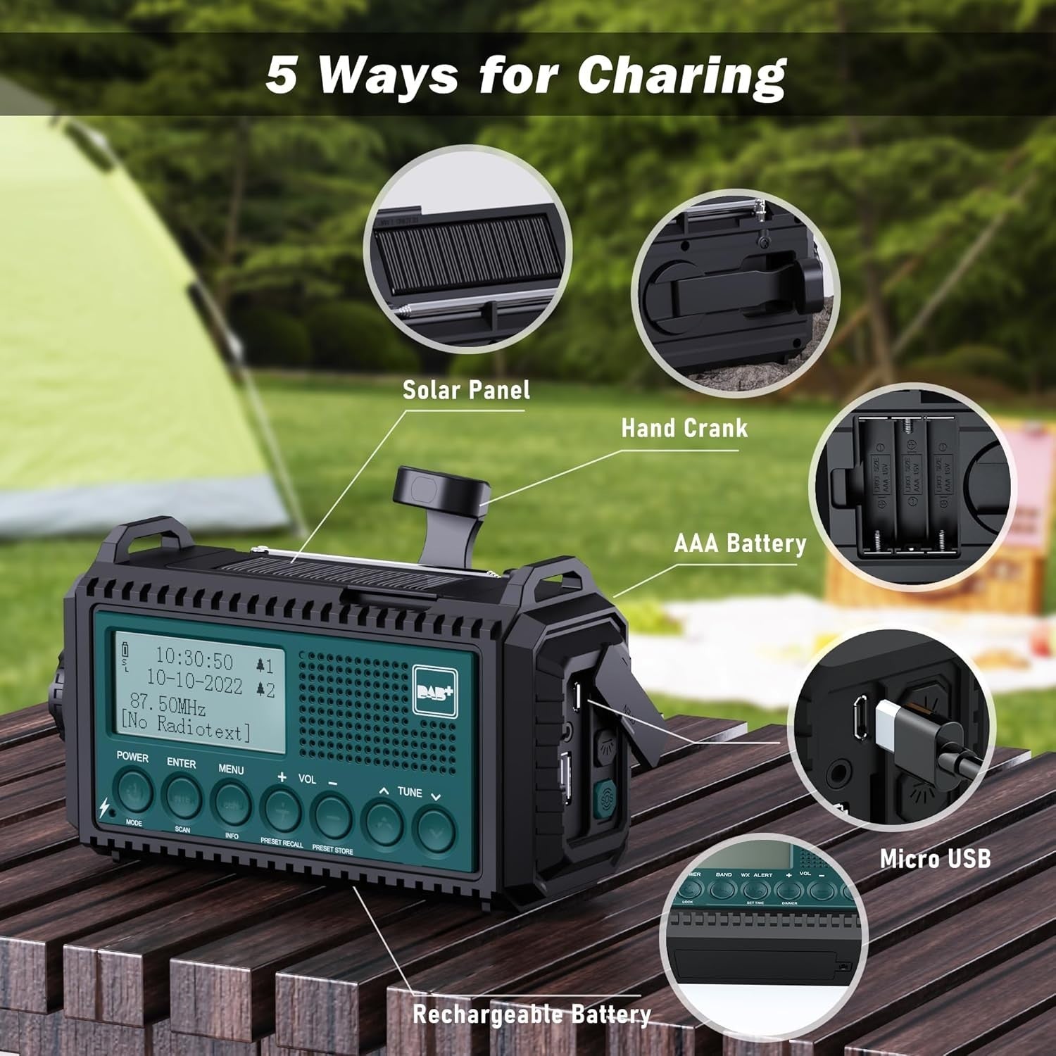 DAB+ FM Emergency Radio Solar Hand Crank 5000mAh Power Bank