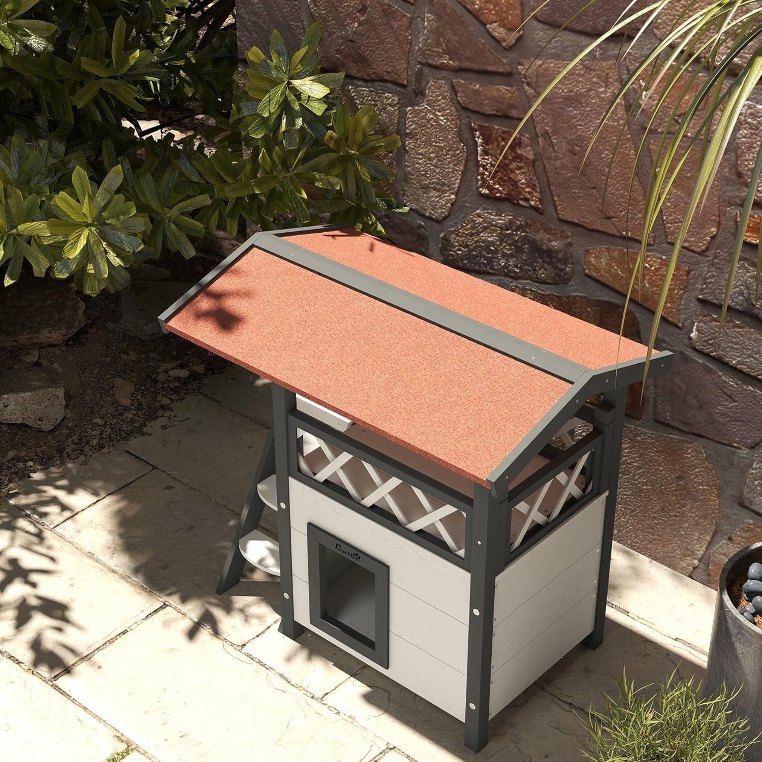 Outdoor Wooden Cat House with Balcony & Asphalt Roof, Weatherproof, White