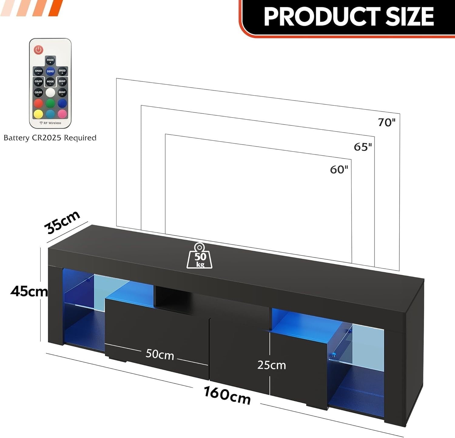160cm White TV Unit Stand with RGB, Storage Drawers & Shelves, 75" Fit - Black