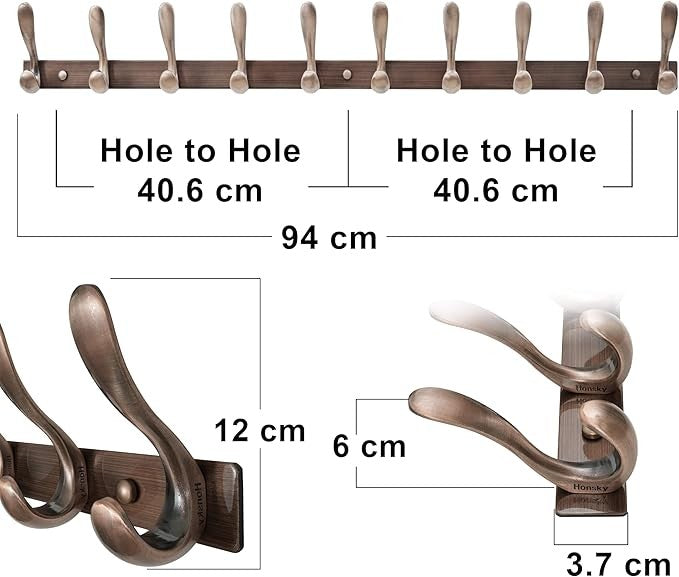 Antique Bronze Wall Mounted Coat Rack 94cm | 10 Heavy Duty Metal Double Hooks
