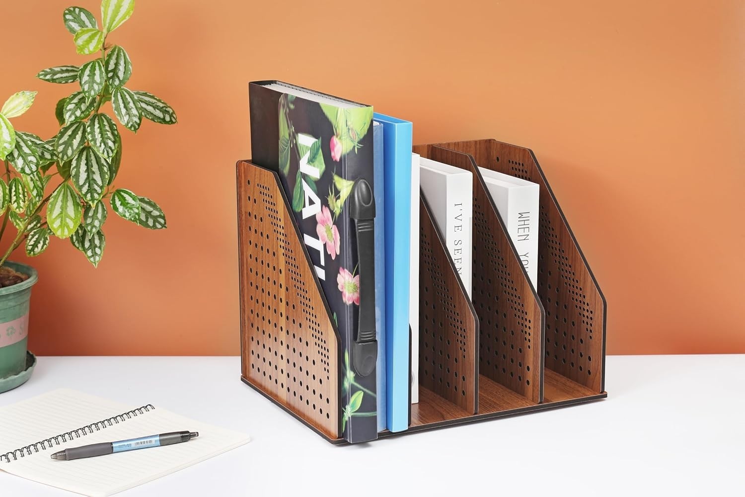 Wooden Desk File Rack & Book Organizer - Walnut Desktop Storage Holder
