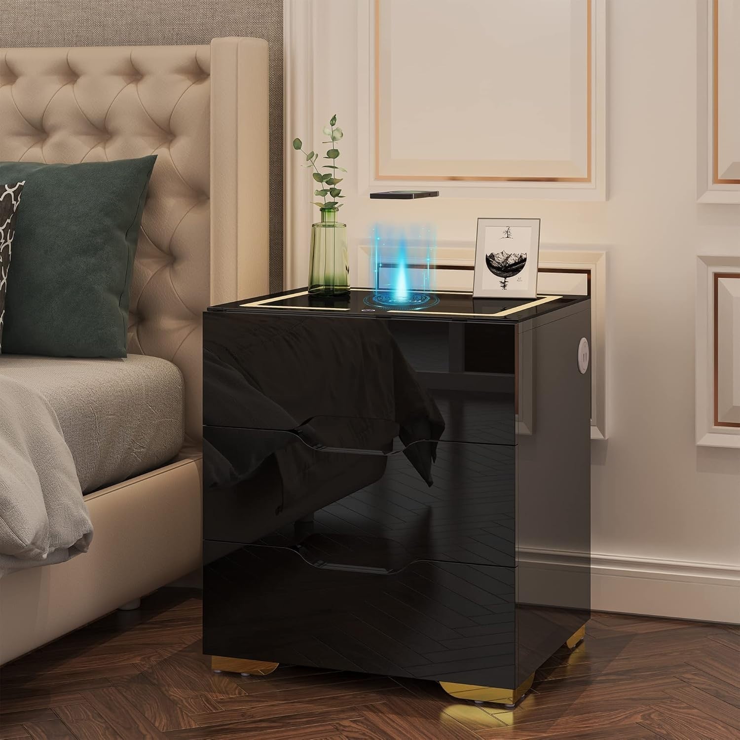 Black High Gloss Bedside Table with Wireless & USB Charging, LED Light, 3 Drawer