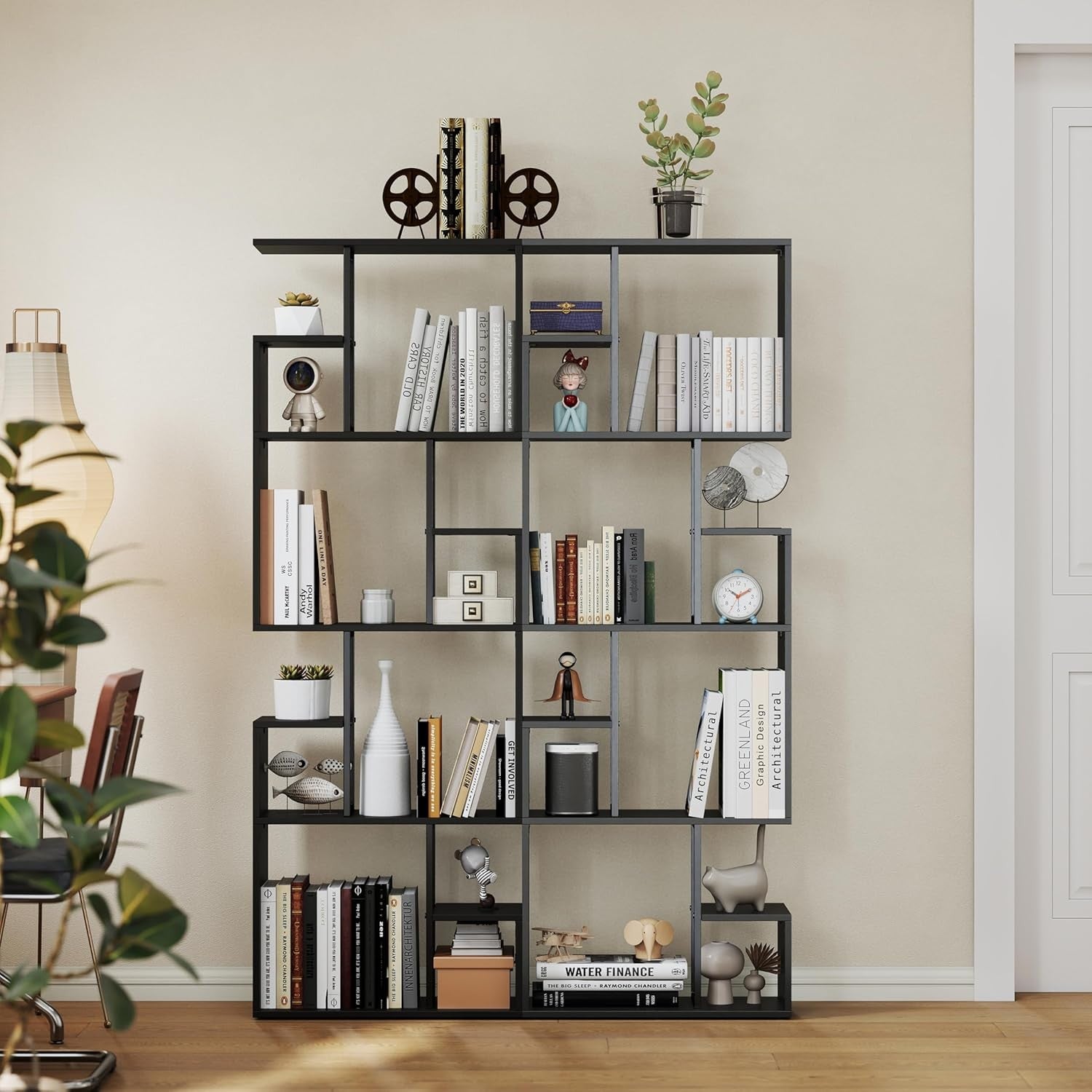 Black 4-Tier Slim Bookcase Room Divider, Modern Asymmetric Display Shelf